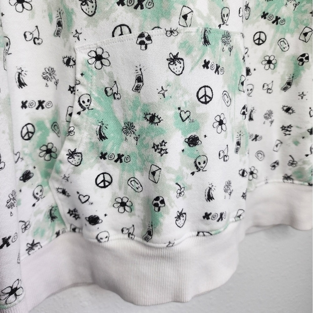 BP Hoodie Kangaroo Pocket Aliens Flowers Peace Sign Fruit White Green Large - Picture 3 of 9